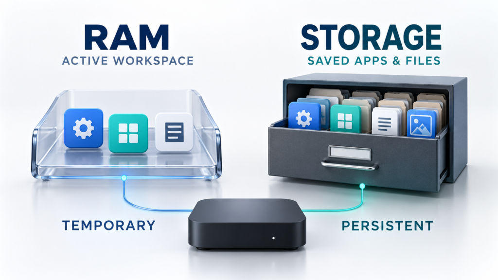 What Does 4GB RAM Actually Mean in a SuperBox or VseeBox? Visual comparison of temporary RAM workspace and persistent media-box storage