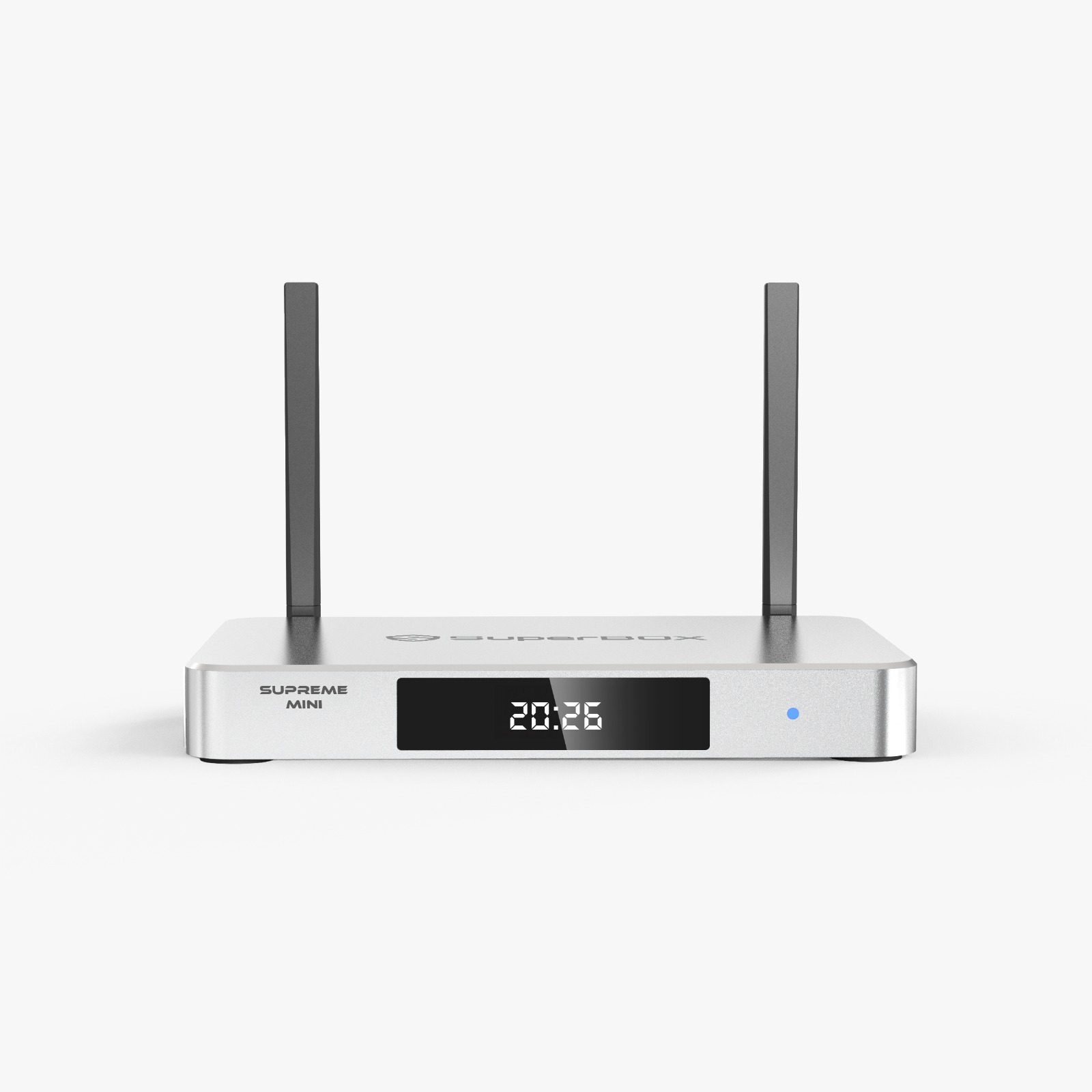 Front view of SuperBox Supreme Mini with digital clock display