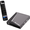 VSeeBox V6 Pro media player and Bluetooth remote, showing the two side USB ports and TF card slot