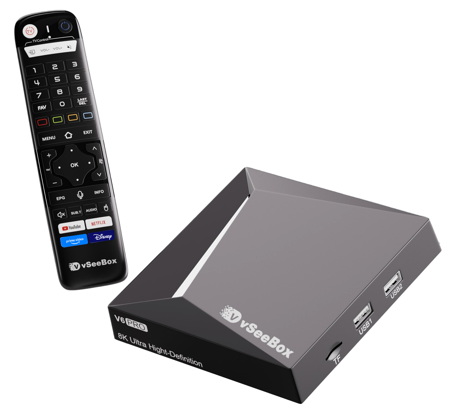 VSeeBox V6 Pro media player and Bluetooth remote, showing the two side USB ports and TF card slot