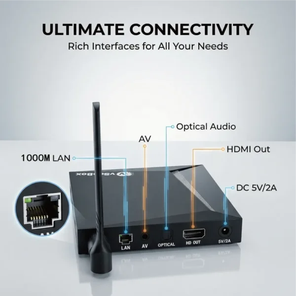 VSeeBox V6 Pro rear panel with Ethernet, AV, optical audio, HDMI output and DC power connections