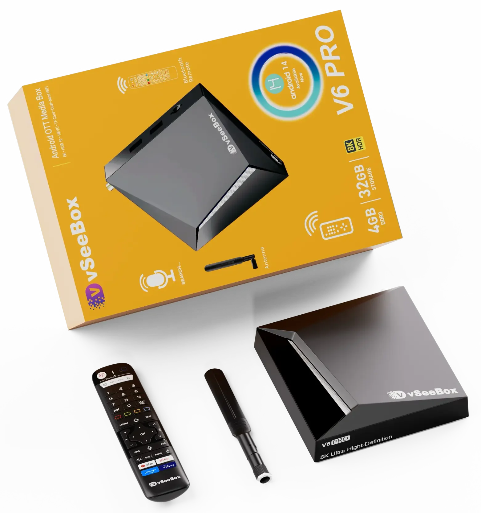 VSeeBox V6 Pro with retail packaging showing 4 GB RAM and 32 GB storage, Bluetooth remote and external antenna